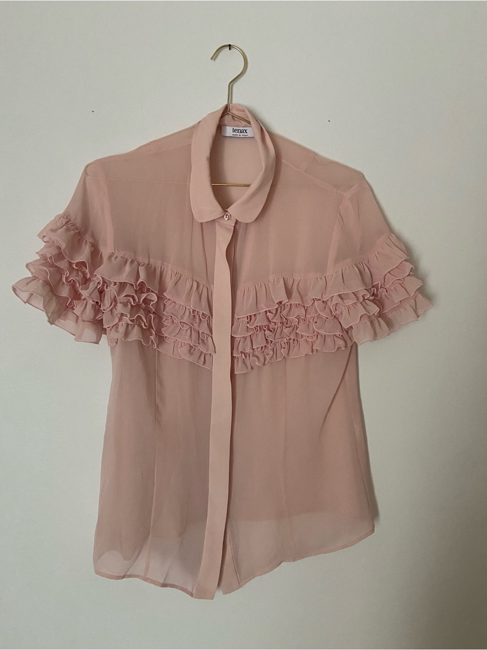 Sheer Pink Ruffle Button-Down Blouse - Picture 4 of 5